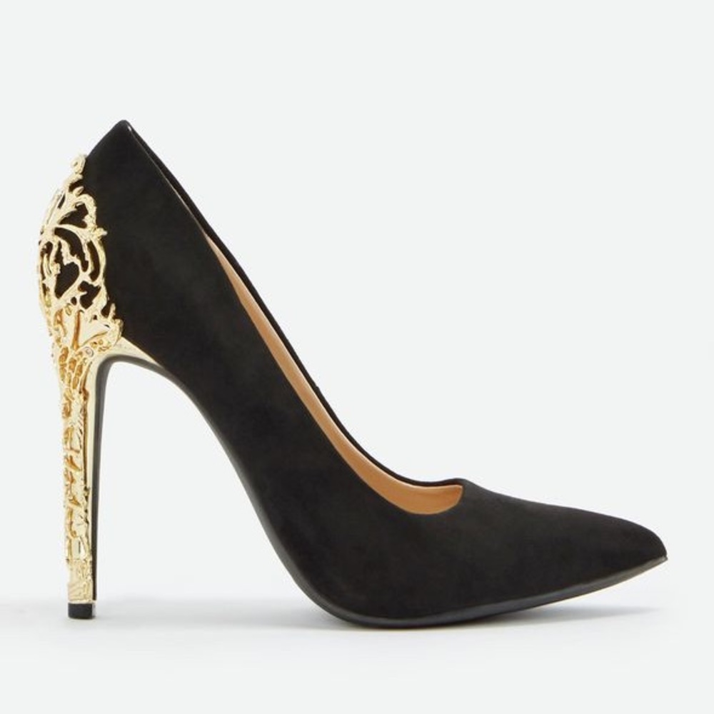 Black suede gold embellished 4 inches pump shoes